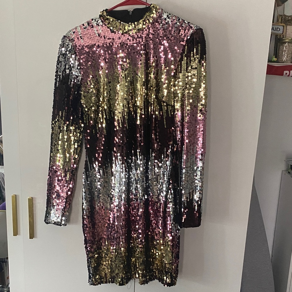 APRICOT Pink, Gold, Silver & Black Sequin Dress